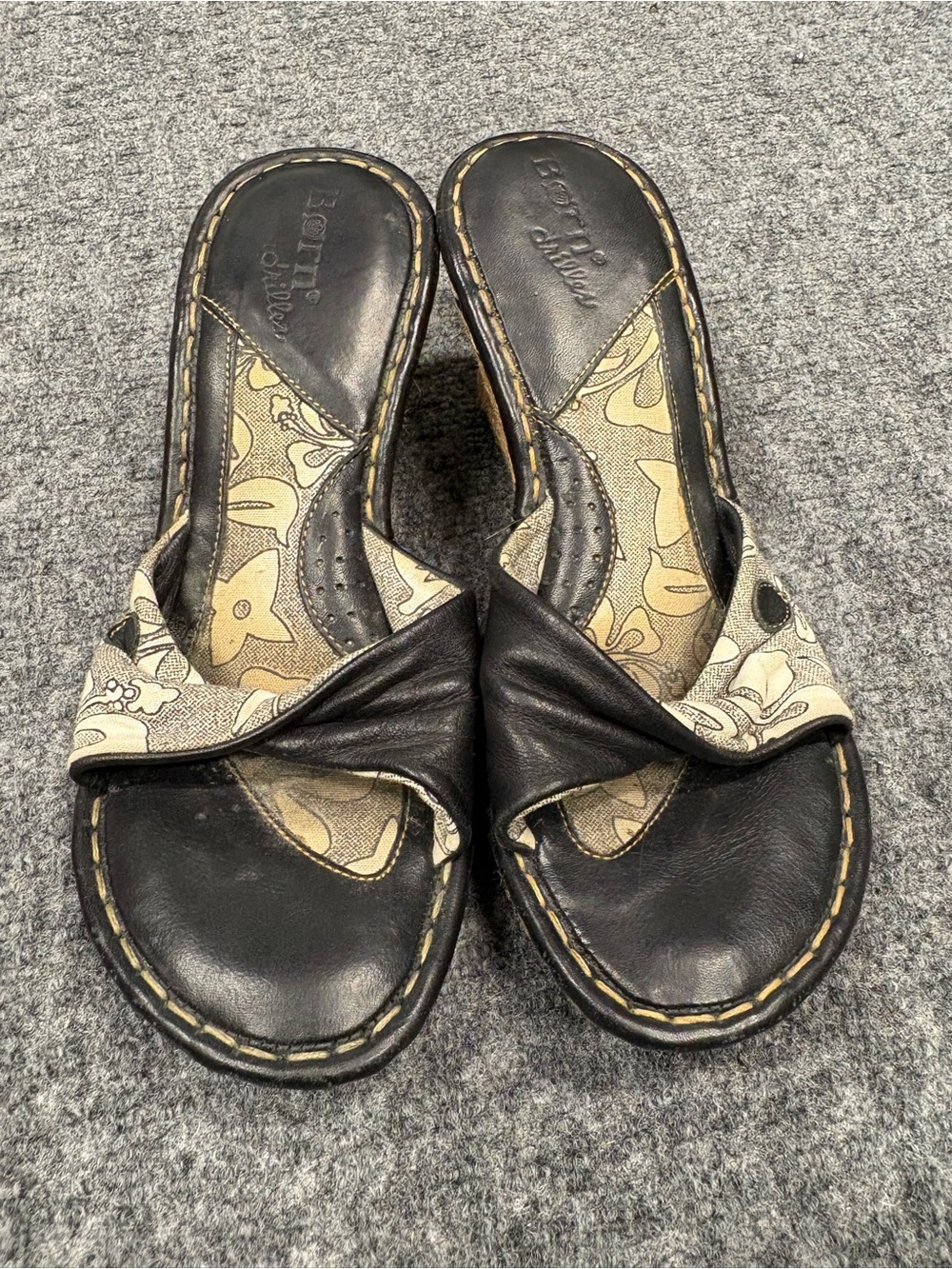 Born Black Leather Slide Mules with Beige Floral Inlay